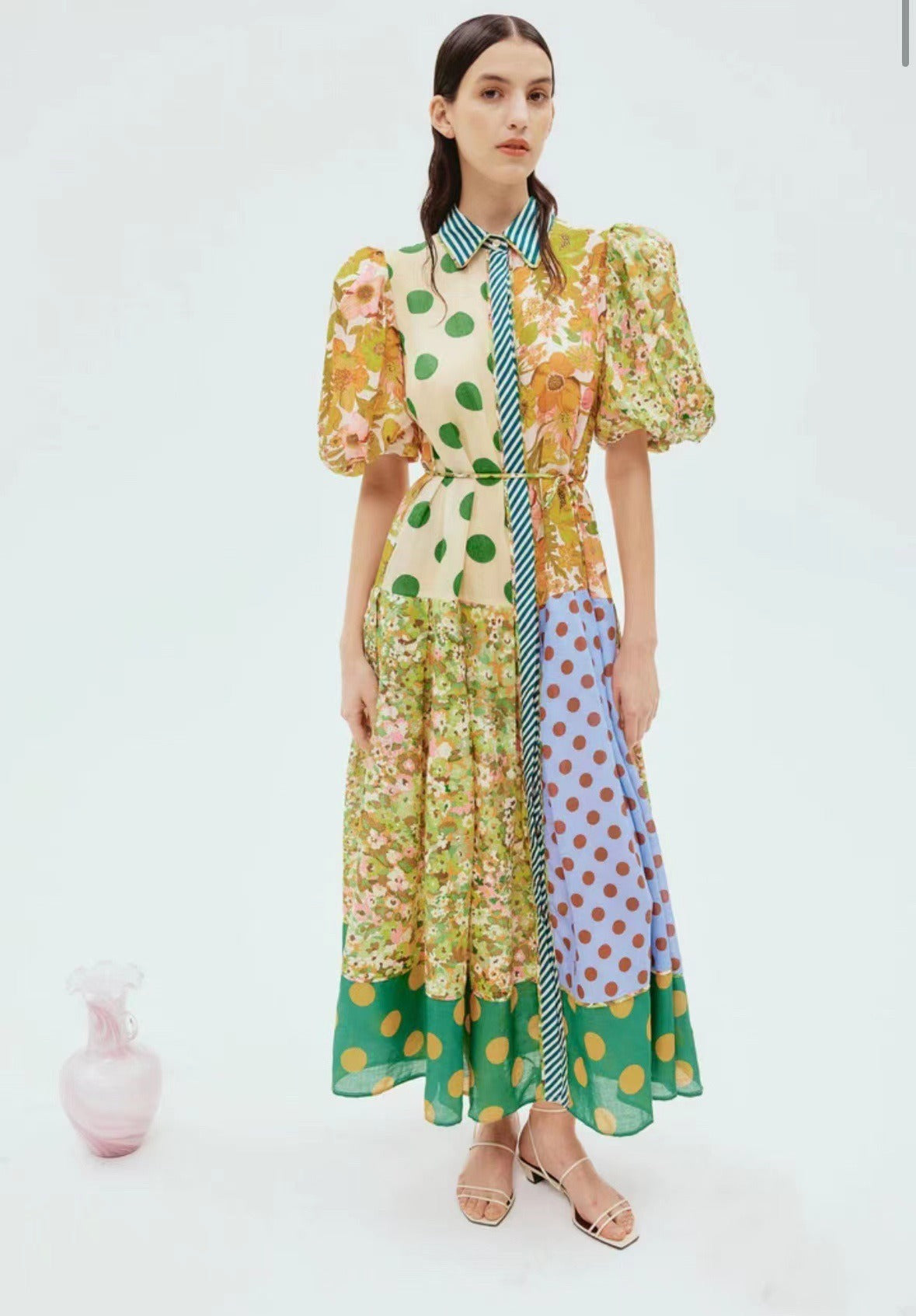 , color blocking, waistband bubble sleeve dress