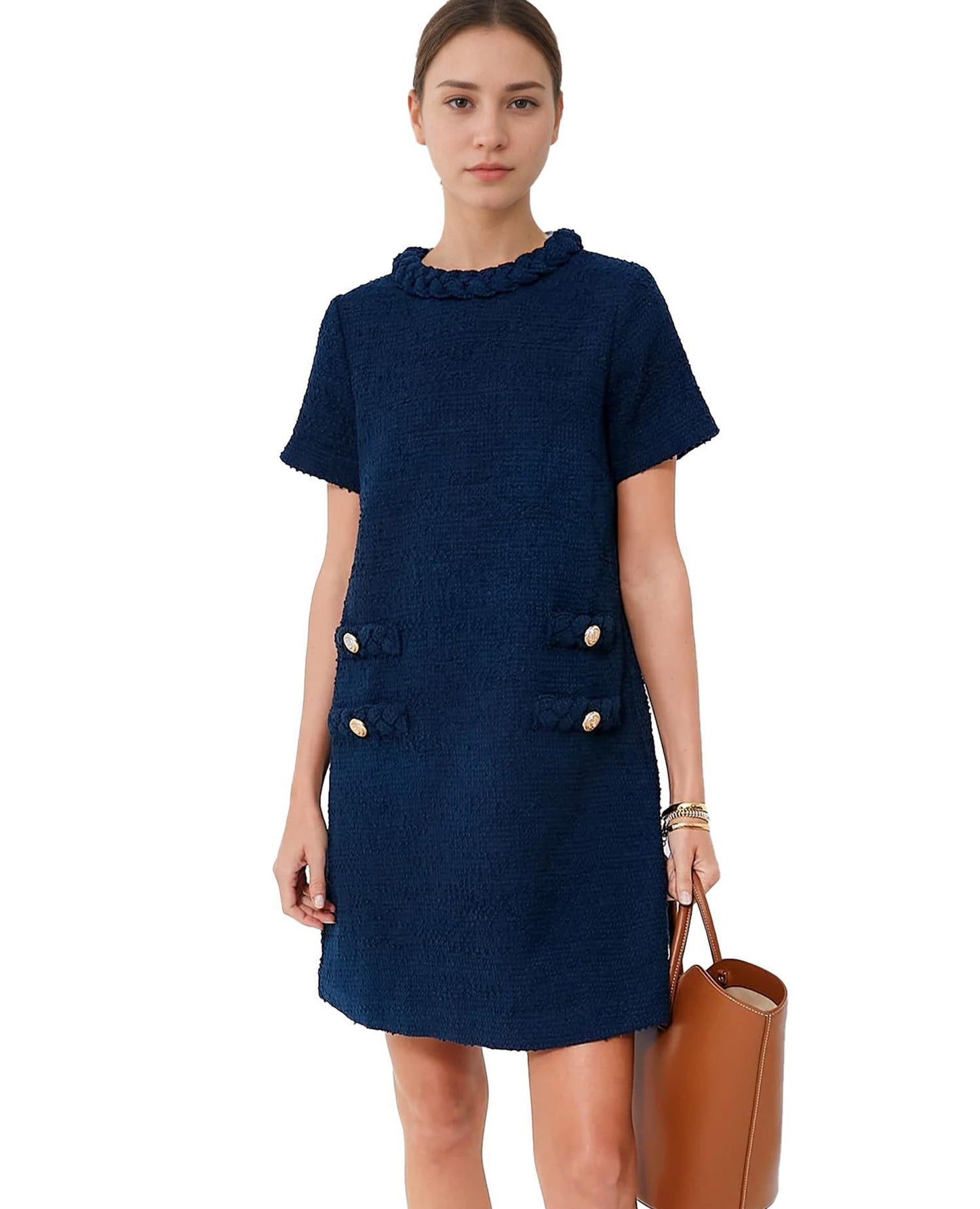 Round neck decorative pocketed dress