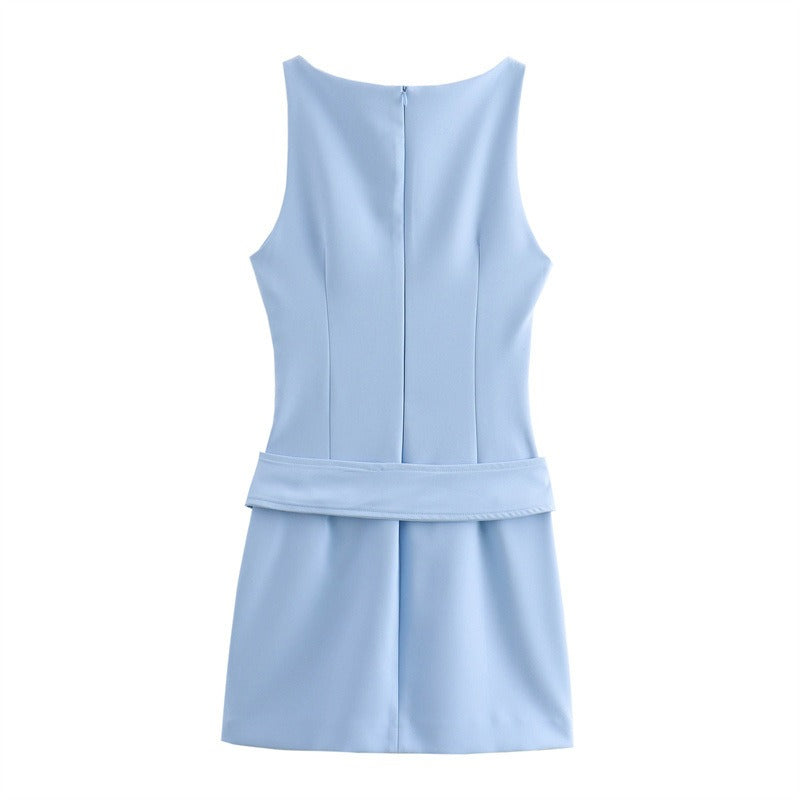 Belt decoration solid color short sleeveless dress