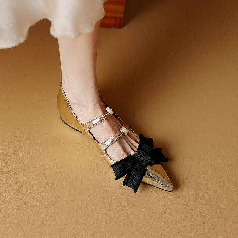 Pointed toe double strap bow flats