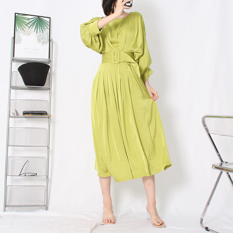 elegant satin belted waist pleated seven dress