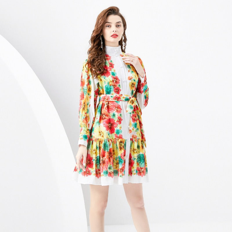 Printed mock collar lantern sleeve dress