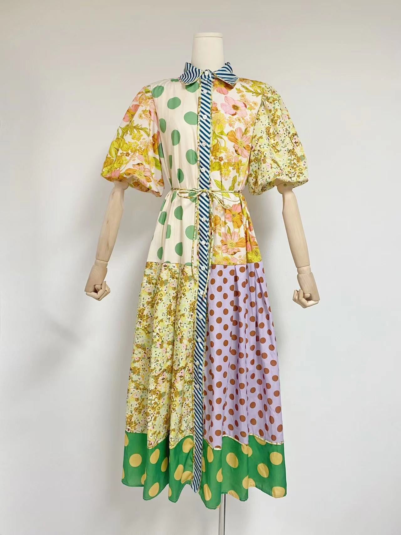, color blocking, waistband bubble sleeve dress