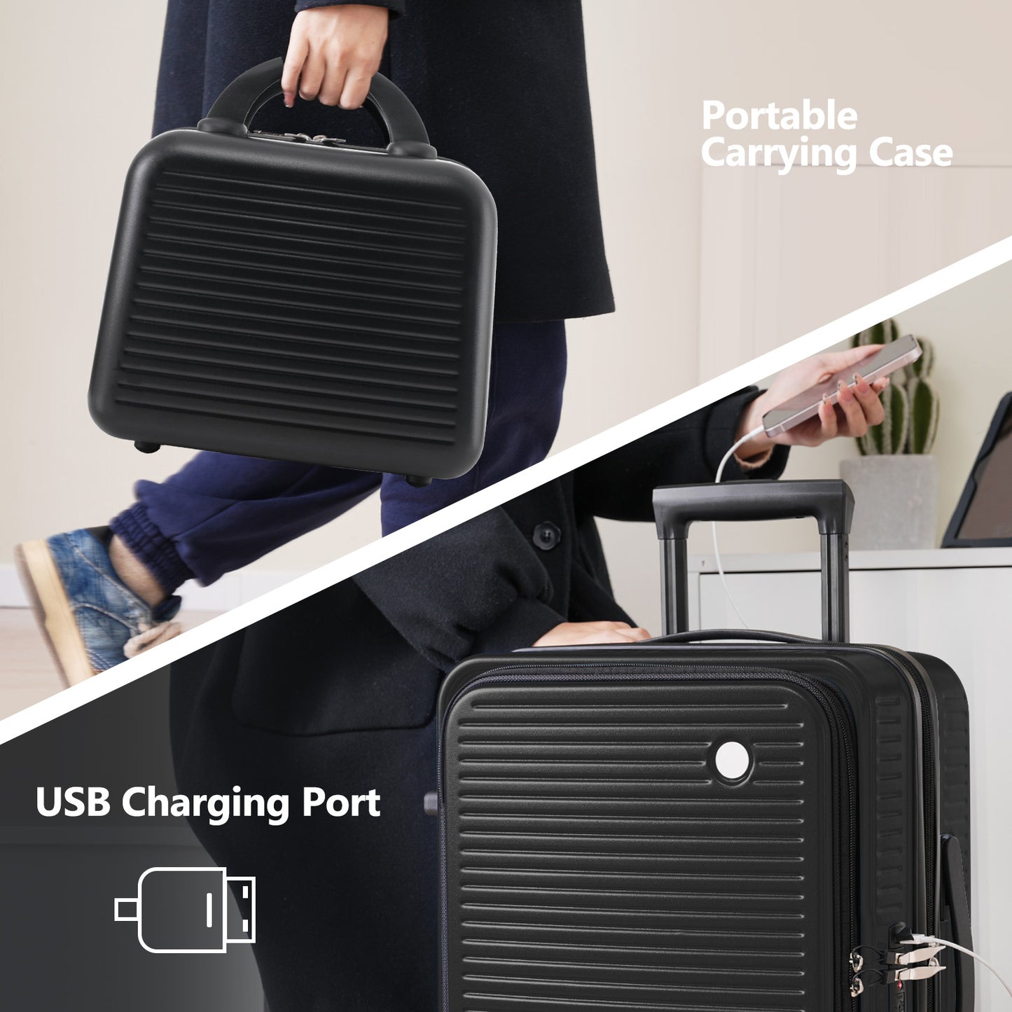 Carry-on Luggage 20 Inch Front Open Luggage Lightweight Suitcase with Front Pocket and USB Port, 1 Portable Carrying Case Black
