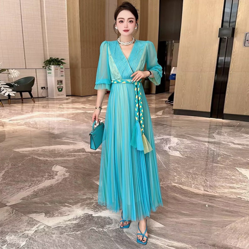 V-neck pleated mesh dress