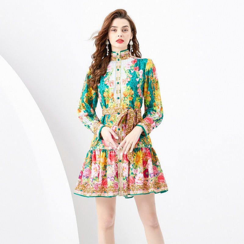 Printed mock collar lantern sleeve dress