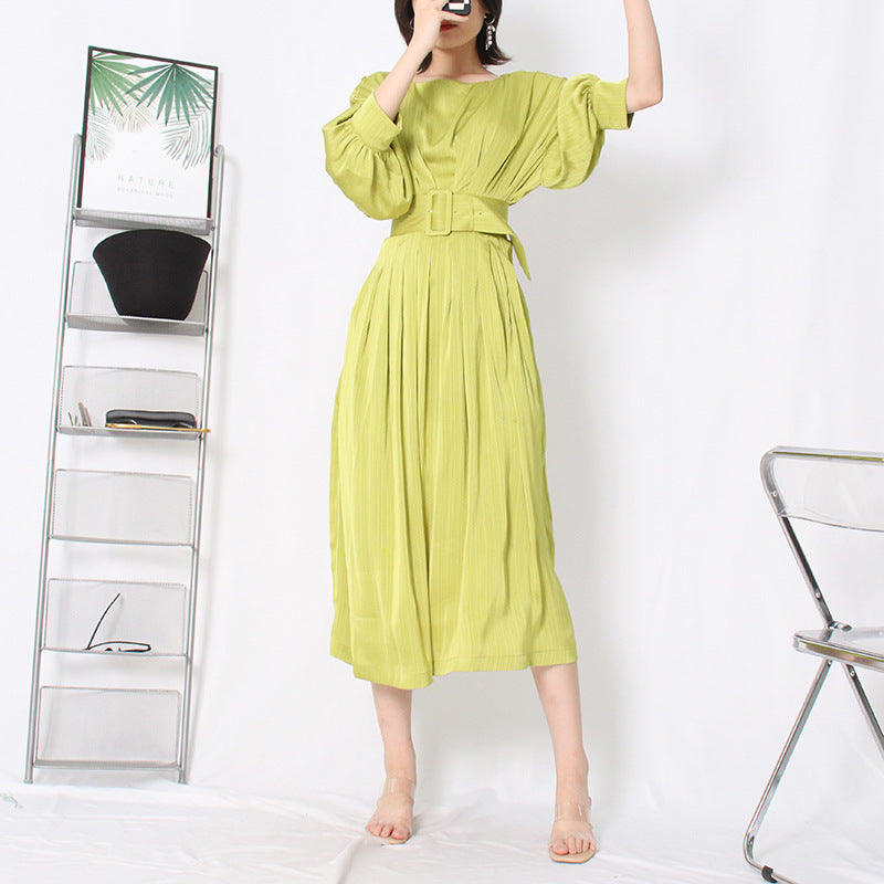 elegant satin belted waist pleated seven dress