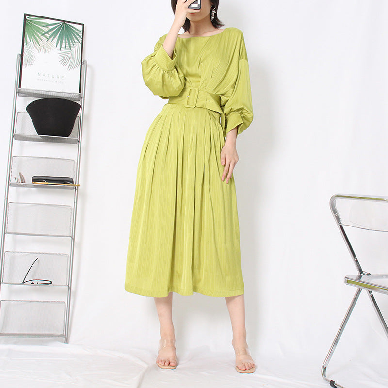 elegant satin belted waist pleated seven dress