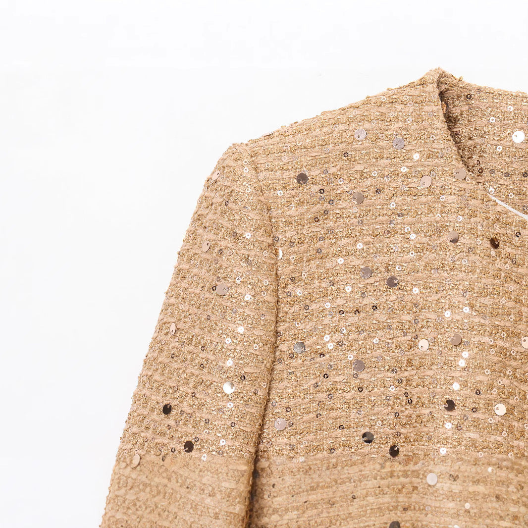 Round neck belted sequin jacket