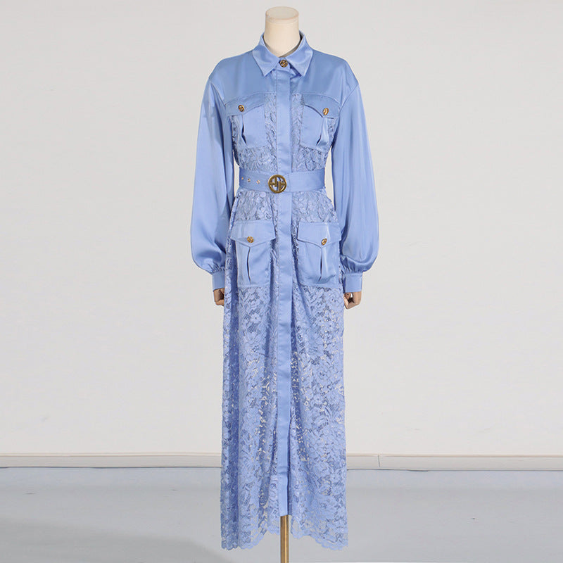 Collared Pocket lace banded belt dress