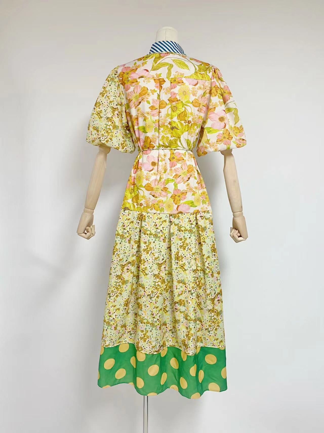 , color blocking, waistband bubble sleeve dress