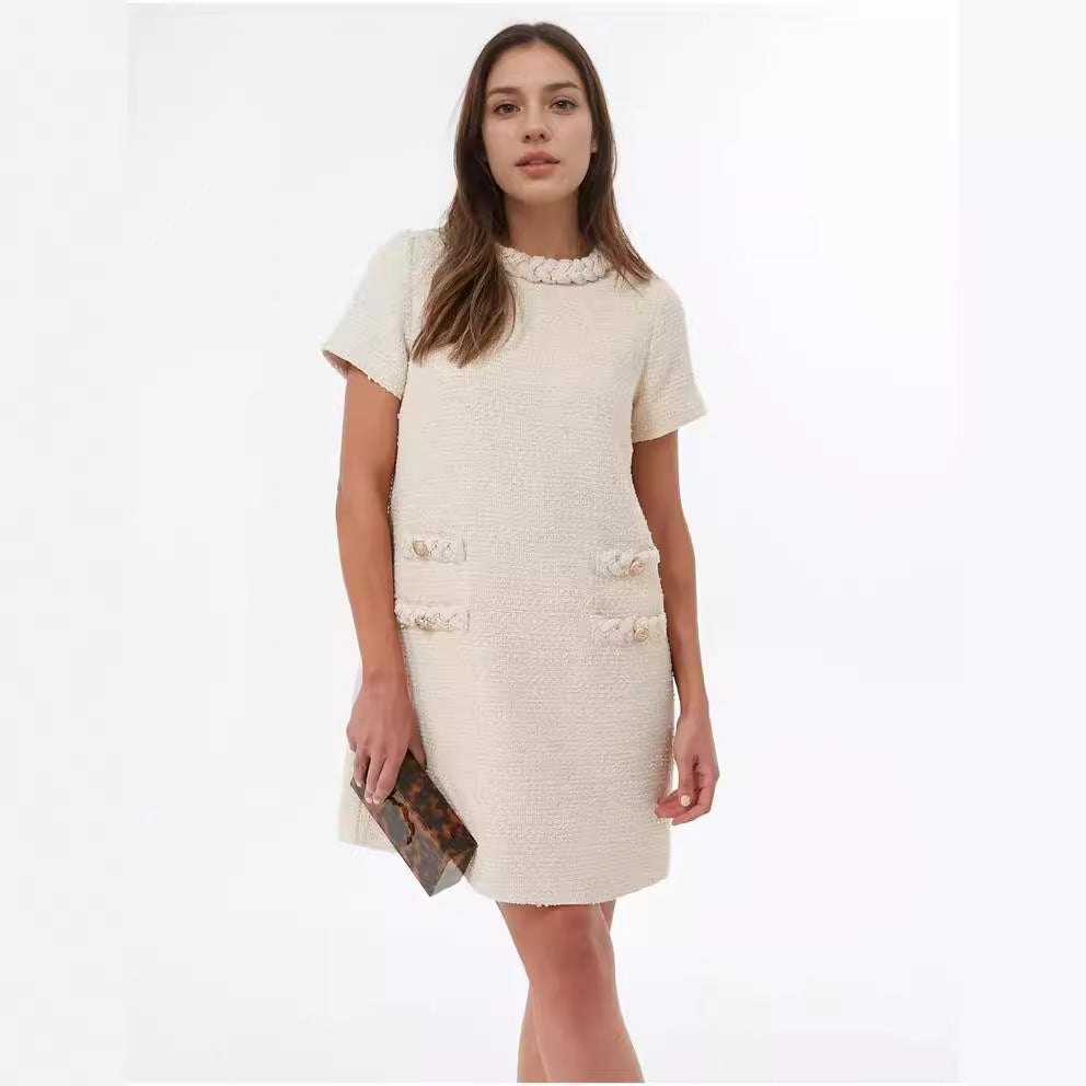 Round neck decorative pocketed dress