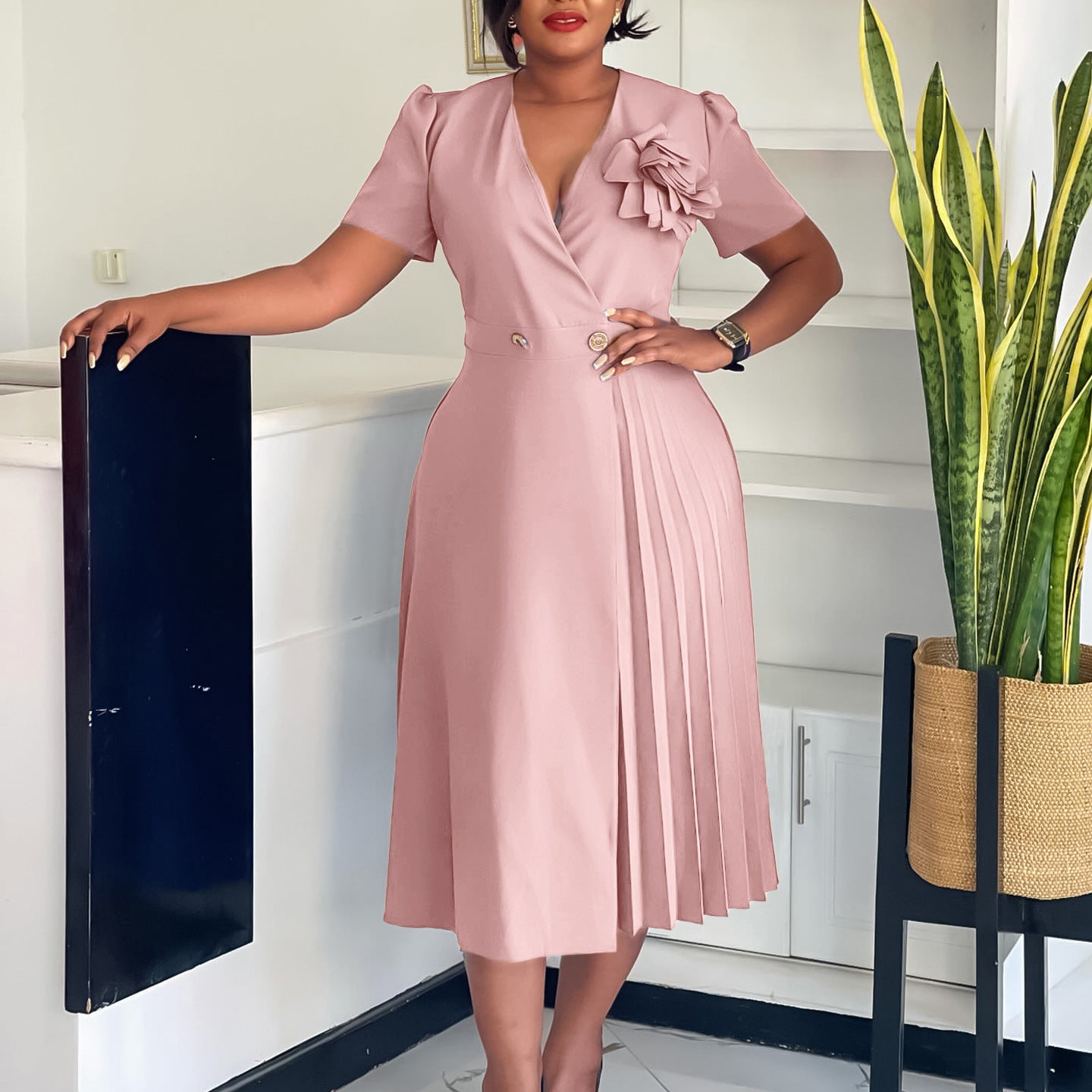 V-neck Elegant Pleated Dress