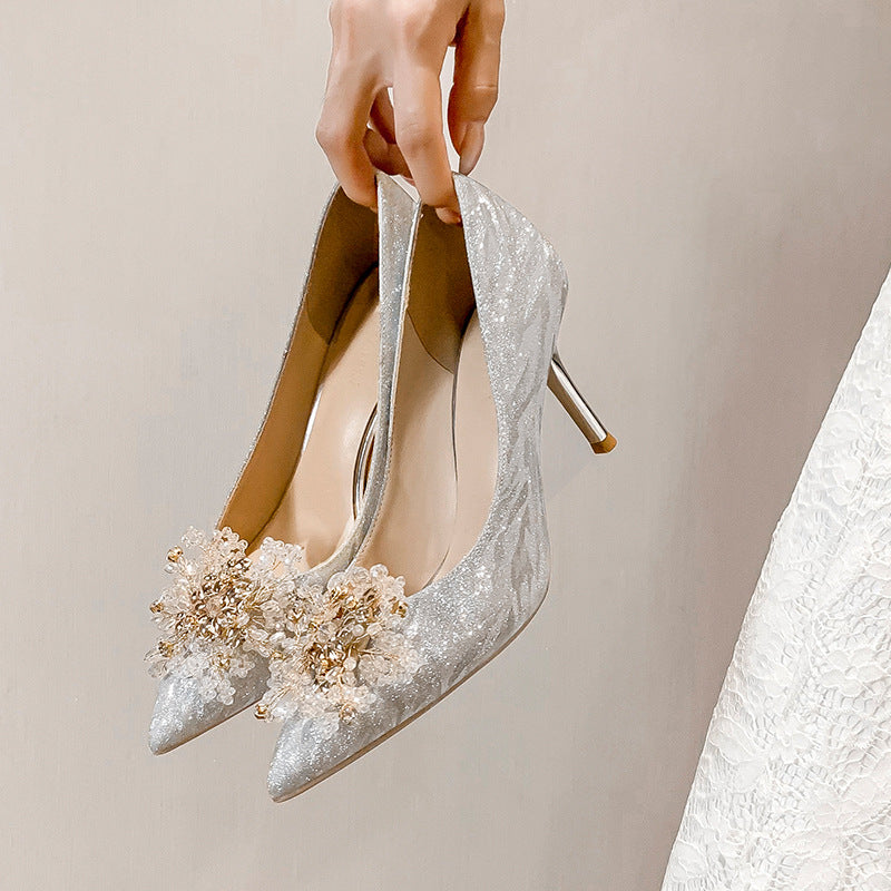 Sequins Crystal Flowers Pointed Toe Pumps