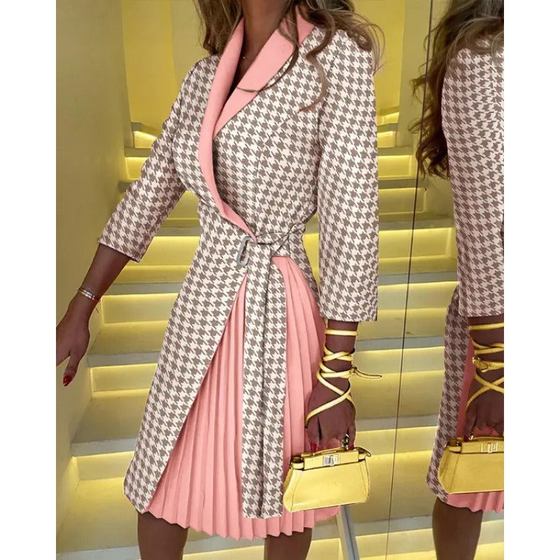 V-neck fashion tie waist cinched middle sleeve pleated dress
