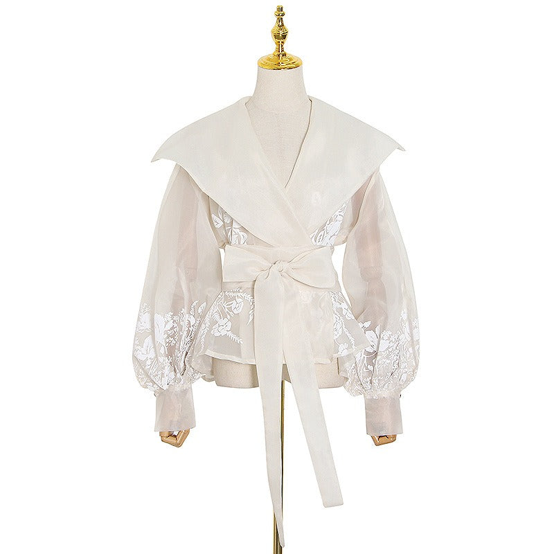 V-neck Lantern Sleeves, Embroidery Jacket