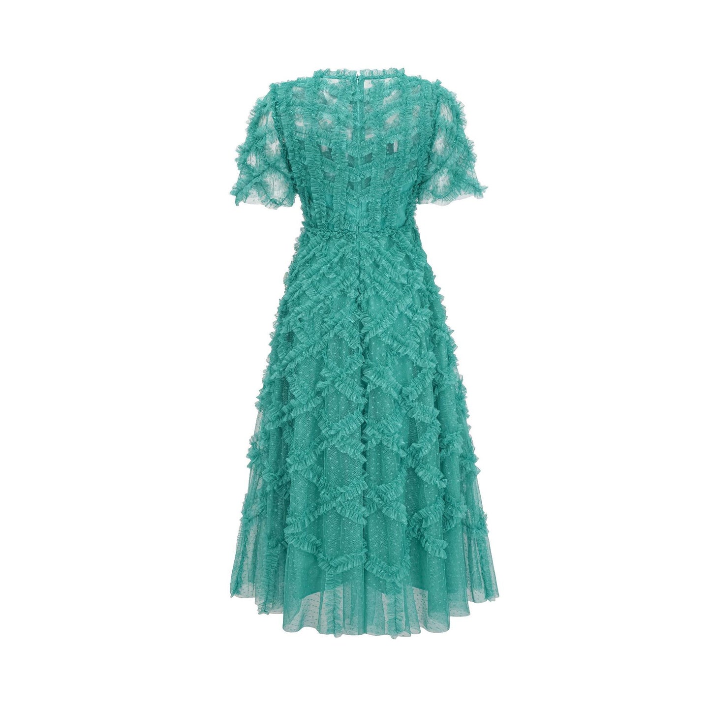 Round Neck High Waist Mesh Embroidery Dress