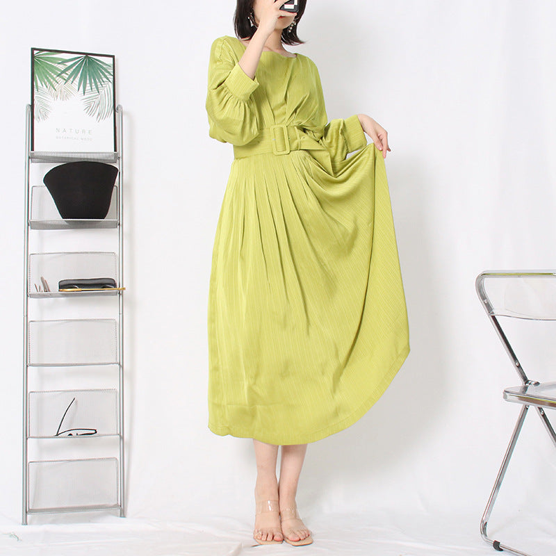 elegant satin belted waist pleated seven dress