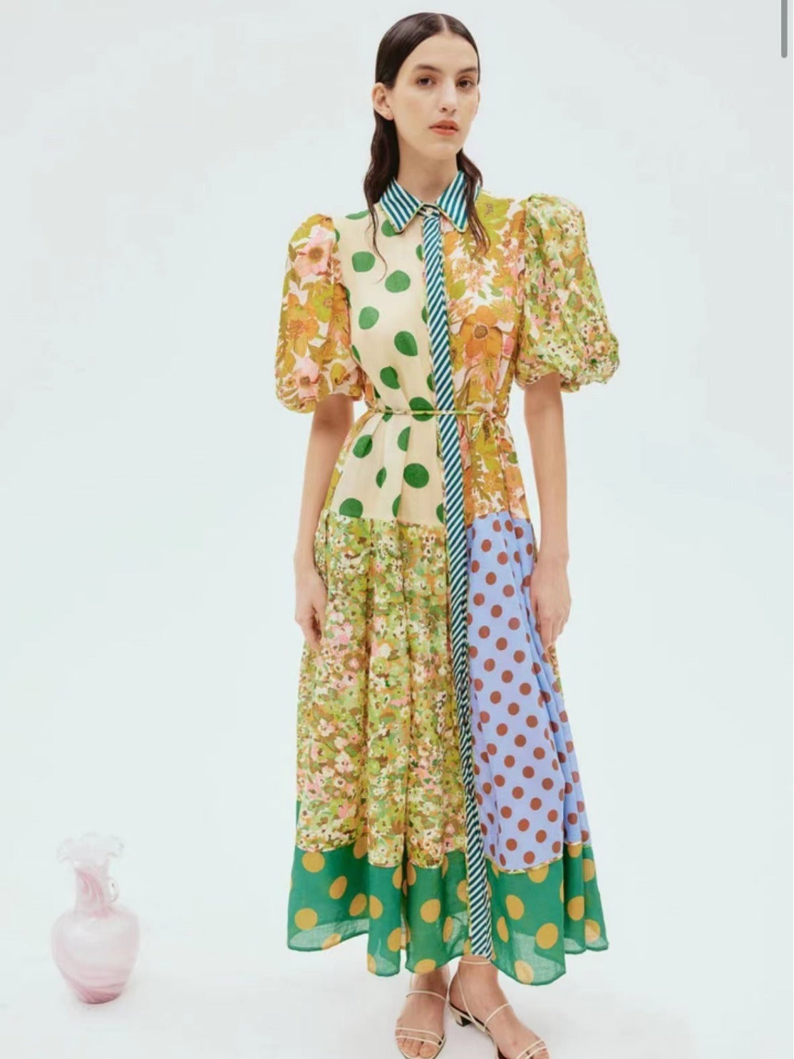 , color blocking, waistband bubble sleeve dress