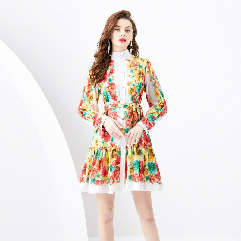 Printed mock collar lantern sleeve dress