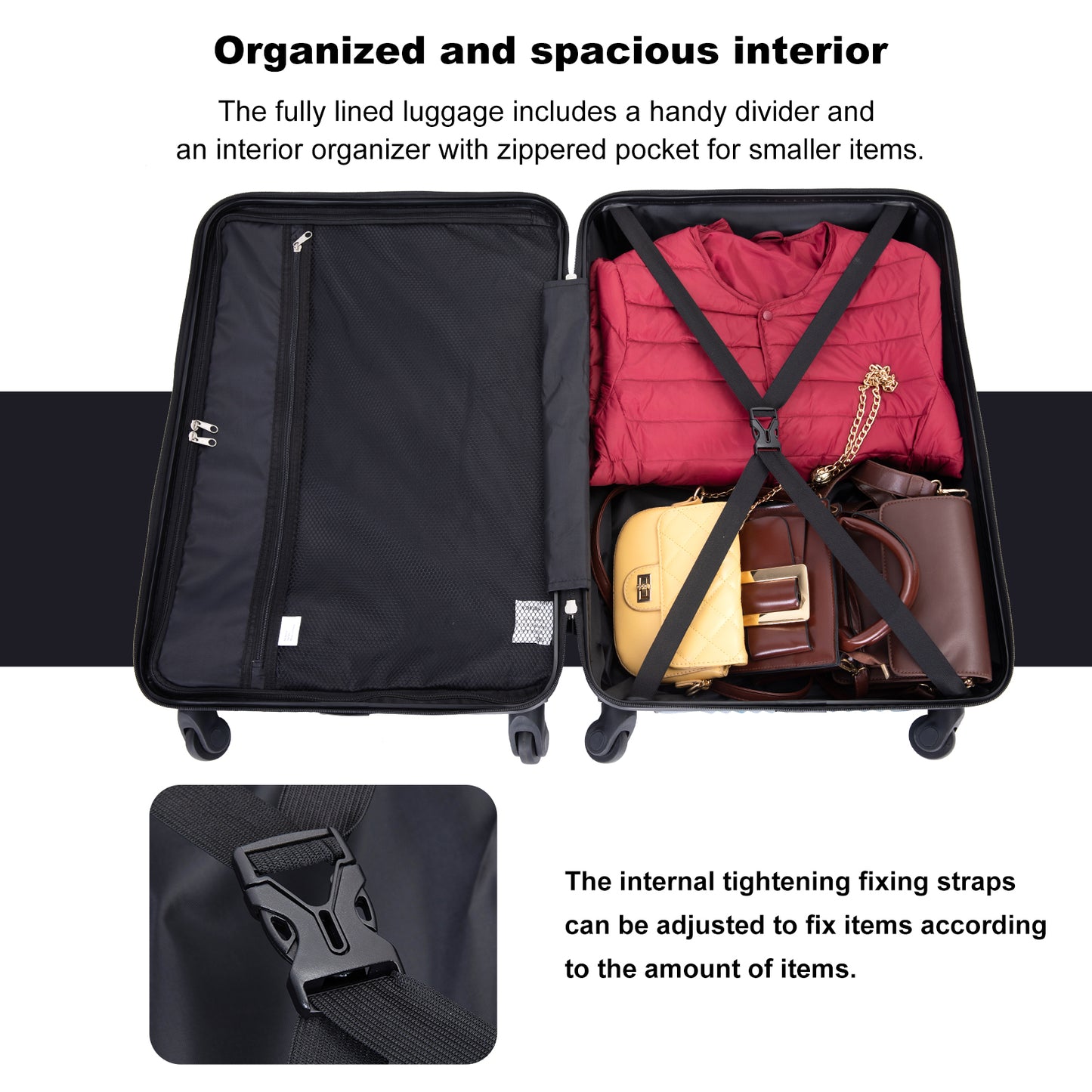 3 Piece Luggage Sets Lightweight Two Hooks Spinner Wheels