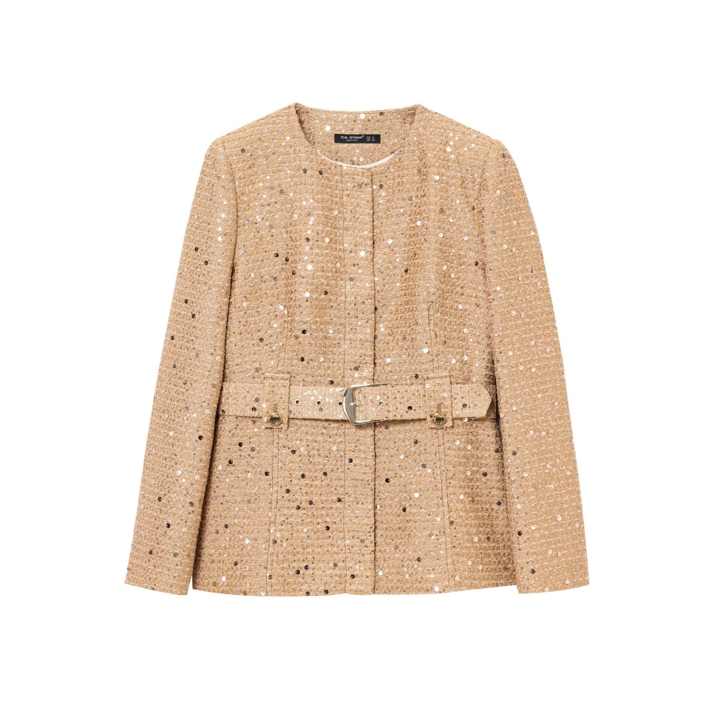 Round neck belted sequin jacket