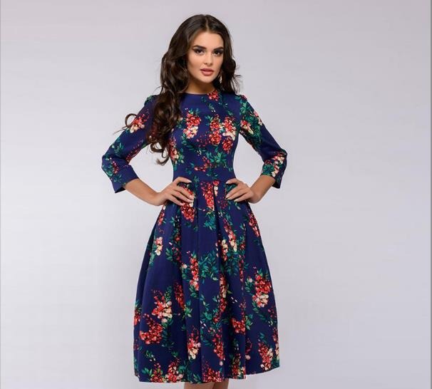 A Line Dress 3/4 Sleeve Round Neck Dress