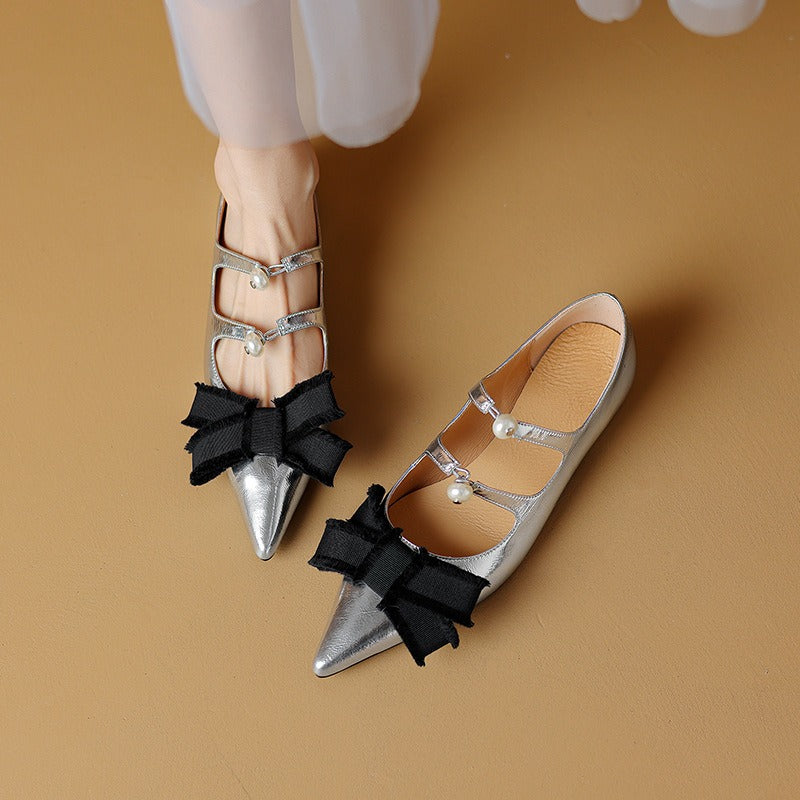 Pointed toe double strap bow flats
