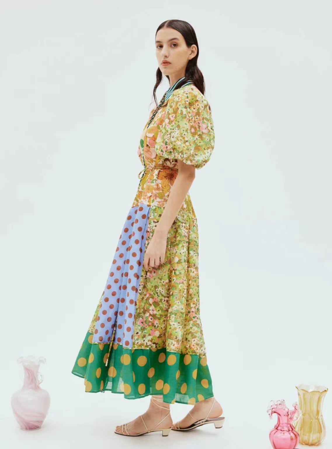 , color blocking, waistband bubble sleeve dress