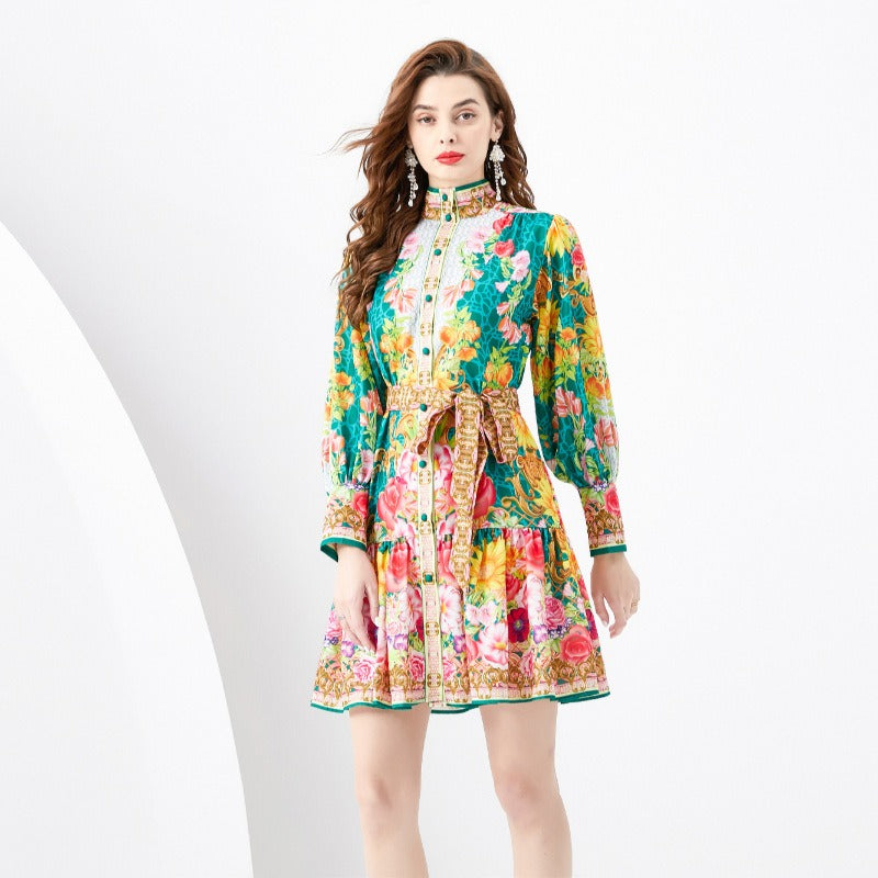Printed mock collar lantern sleeve dress