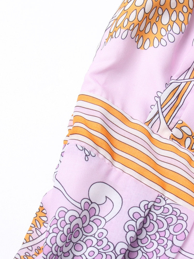 Vintage Print Bowknot Collar Long Sleeve High Waist Midi Dress