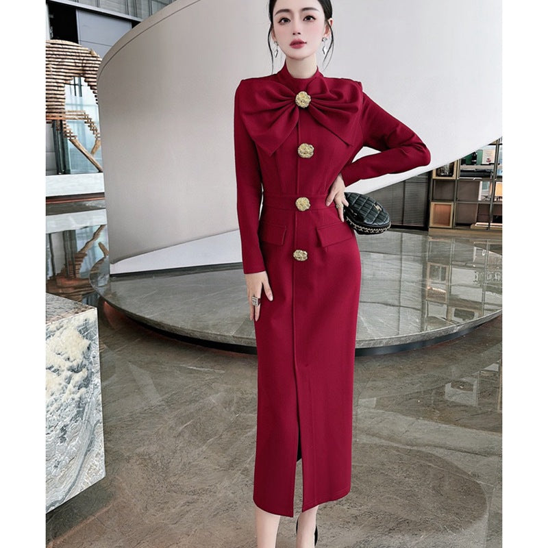 Elegant bow tie decorative button dress