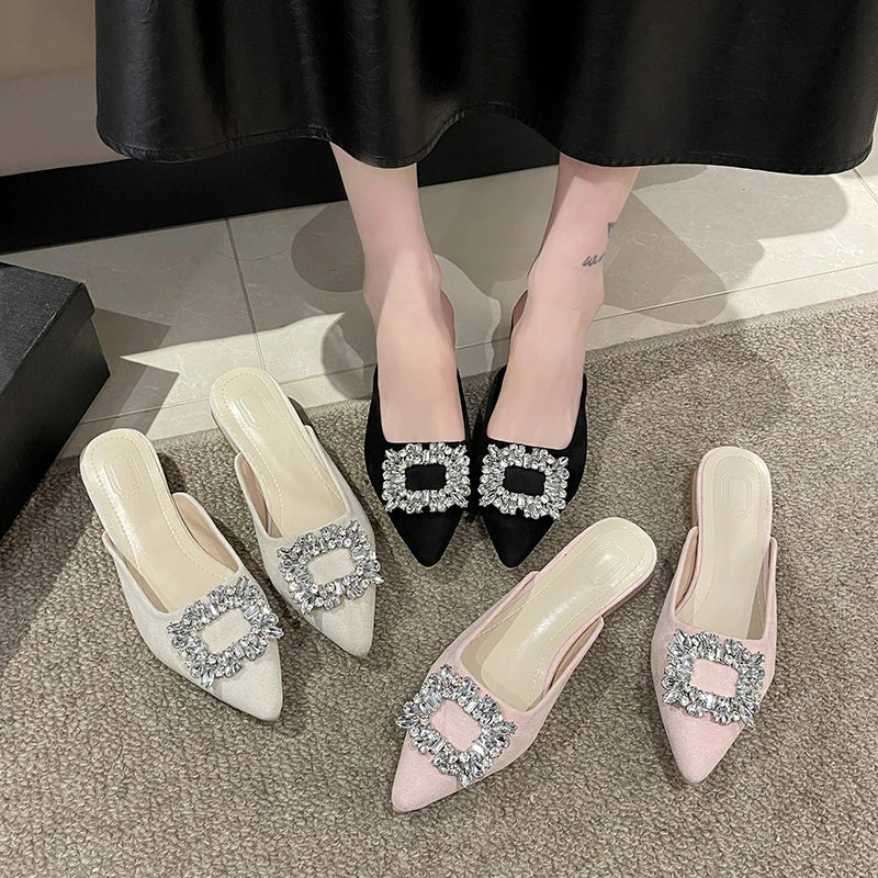 Women's low heel Rhinestone Pointed Toe Mules