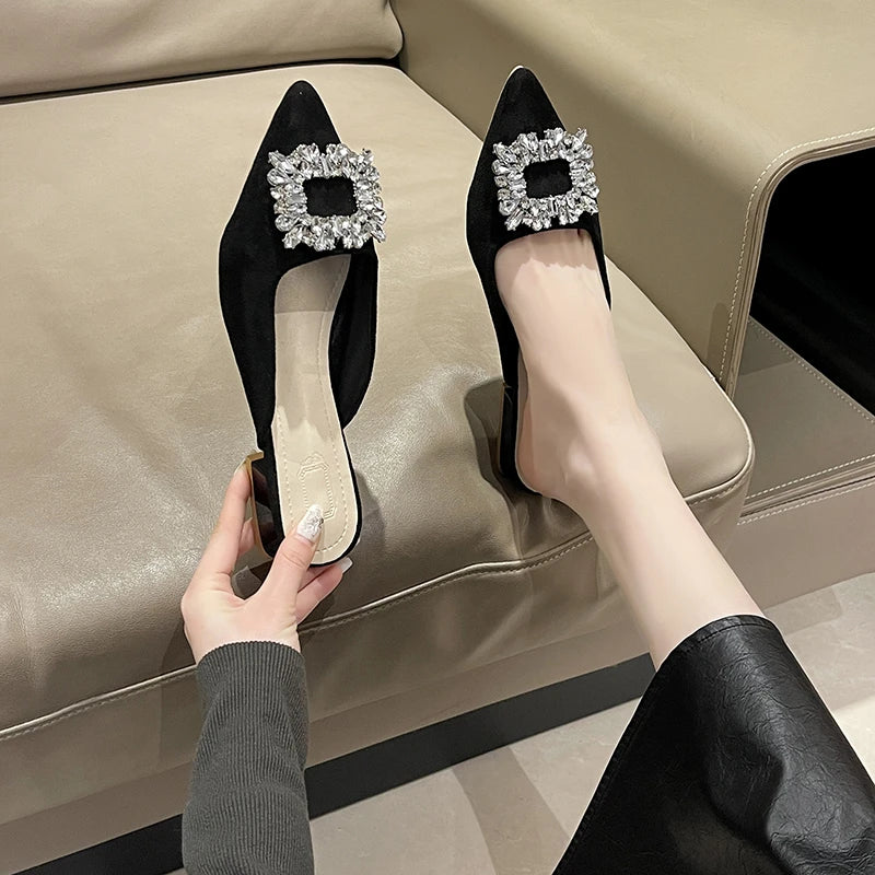 Women's low heel Rhinestone Pointed Toe Mules
