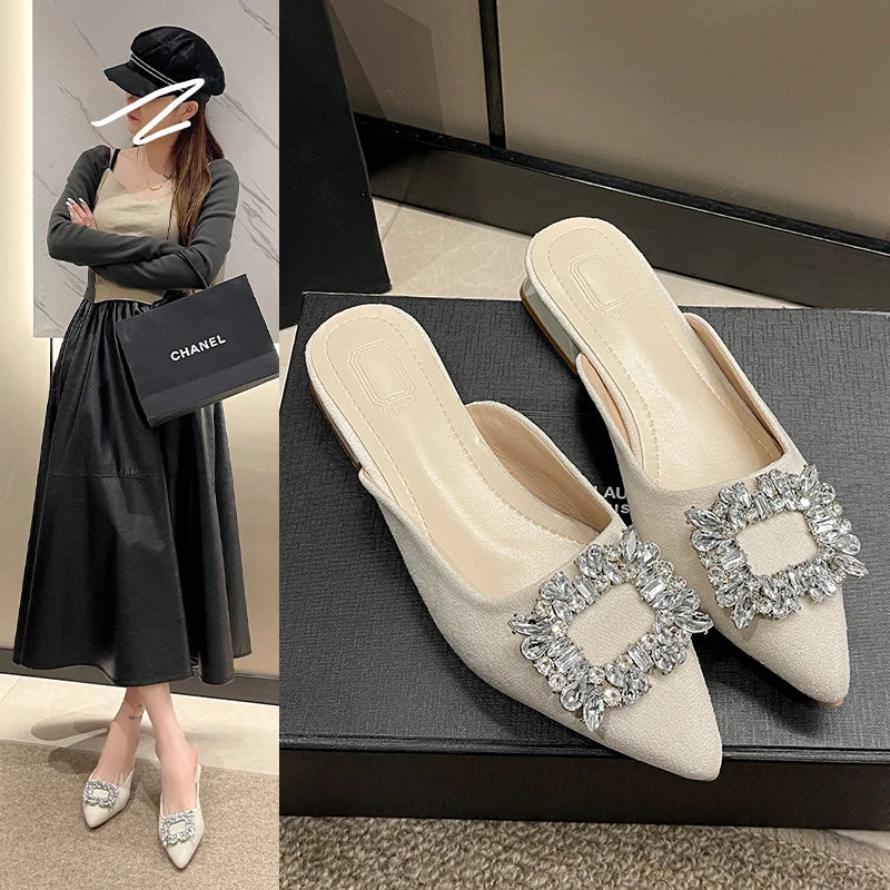 Women's low heel Rhinestone Pointed Toe Mules