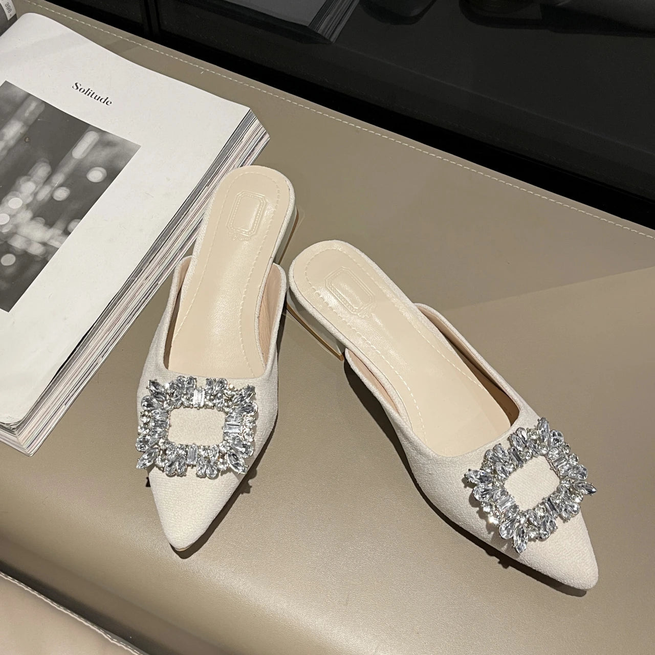 Women's low heel Rhinestone Pointed Toe Mules