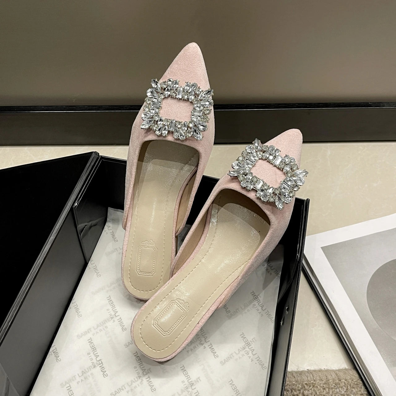 Women's low heel Rhinestone Pointed Toe Mules