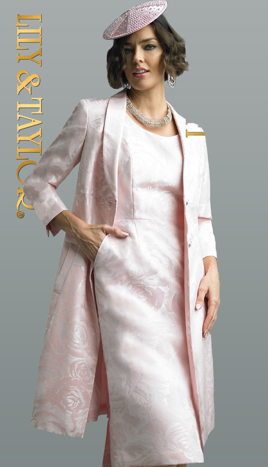 Lily And Taylor A305-PIN ( 2pc Novelty Ladies Church Dress With Duster Jacket And Jeweled Buttons )