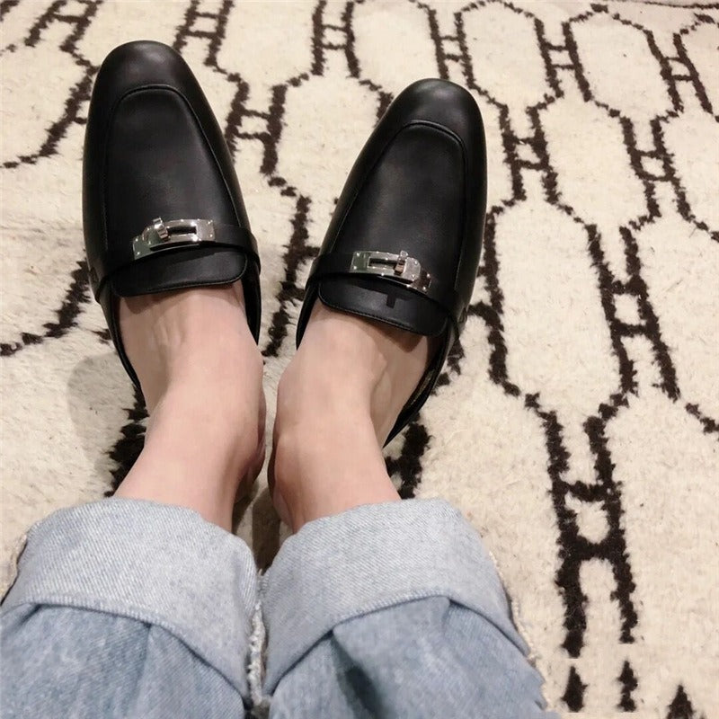 Leather Low Heel Round toe Metal Buckle flats