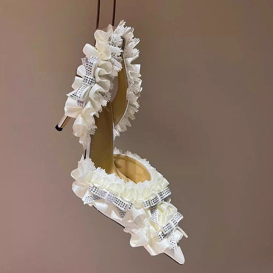 rhinestone with lace silk high heeled pumps