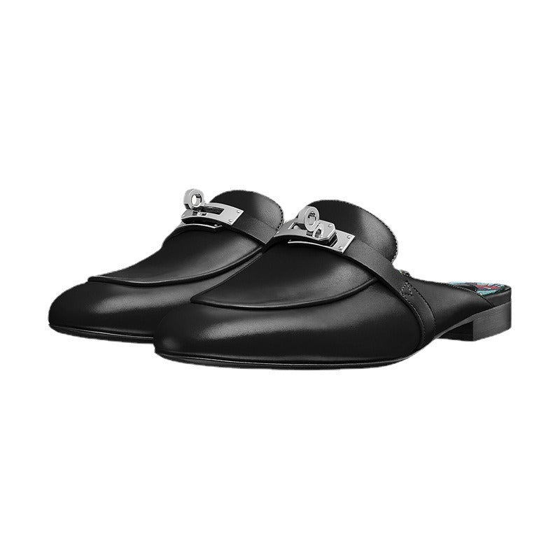 Leather Low Heel Round toe Metal Buckle flats