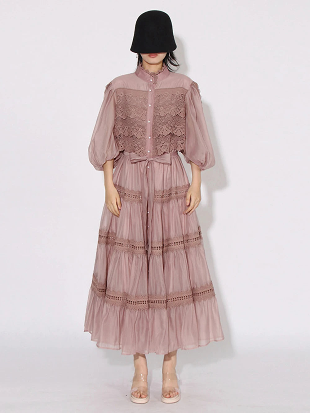 Embroidery mock neck Short Sleeve High Waist dress