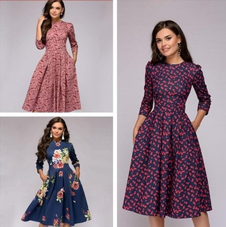 A Line Dress  3/4 Sleeve Round Neck Dress
