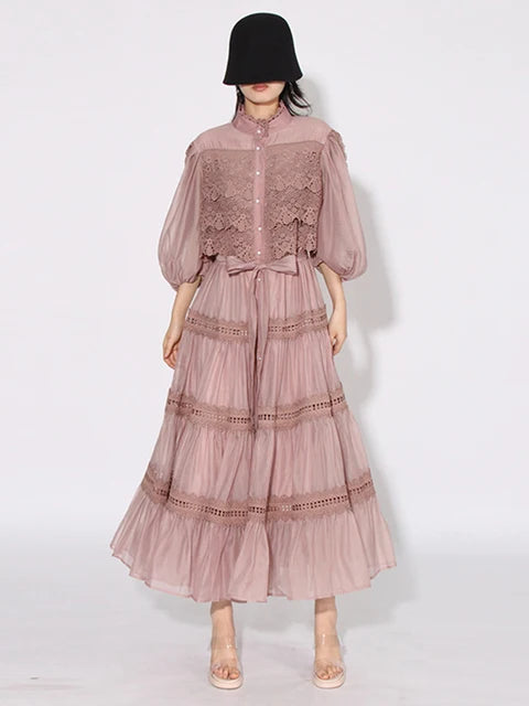Embroidery mock neck Short Sleeve High Waist dress
