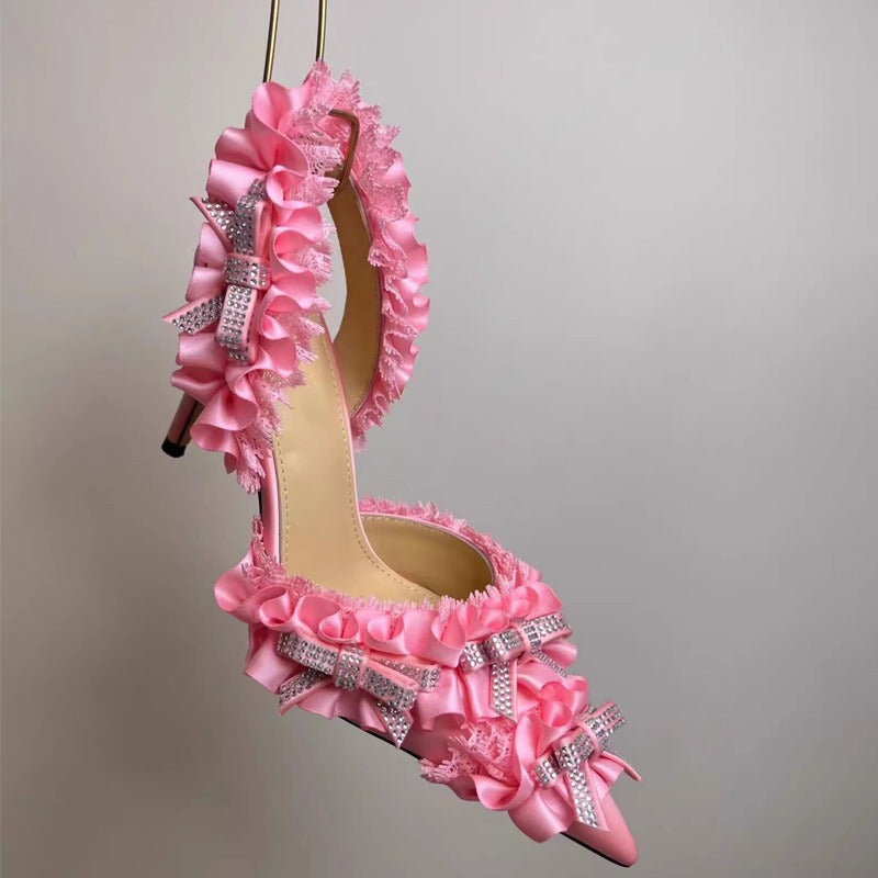 rhinestone with lace silk high heeled pumps