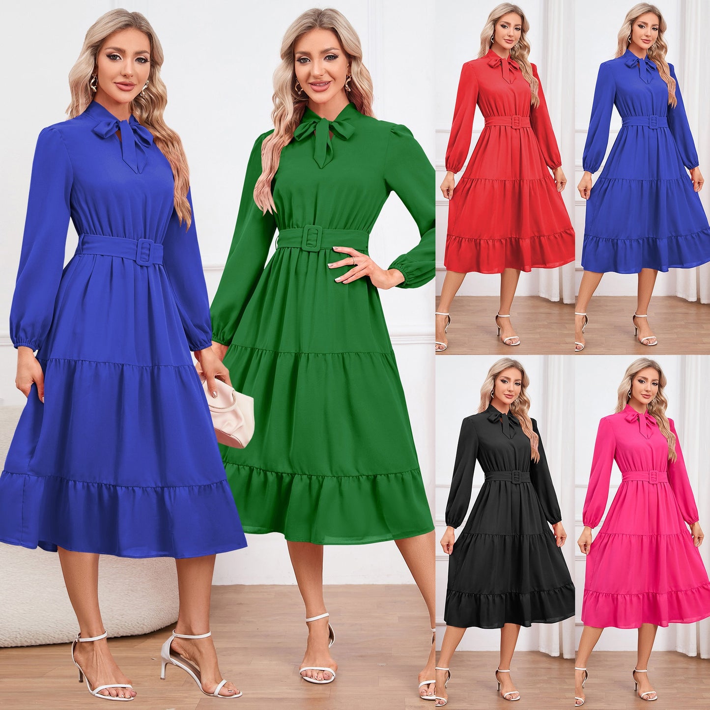 Elegant and slim fitting, tie collar A-line dress