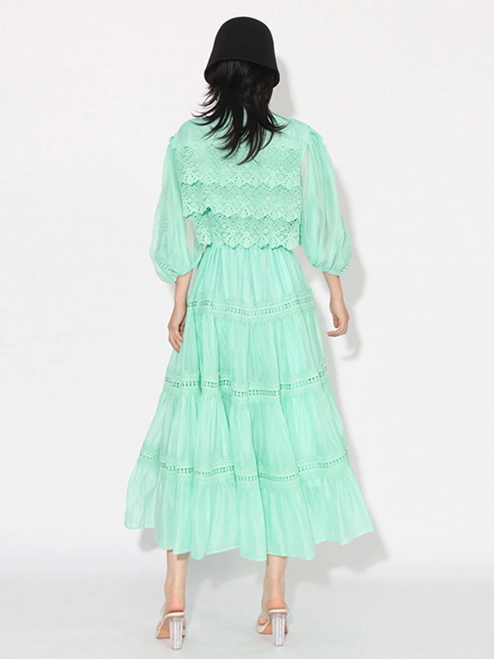 Embroidery mock neck Short Sleeve High Waist dress