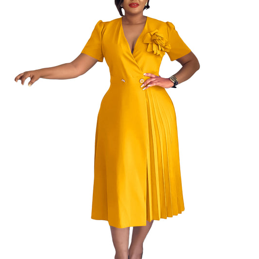 V-neck Elegant Pleated Dress