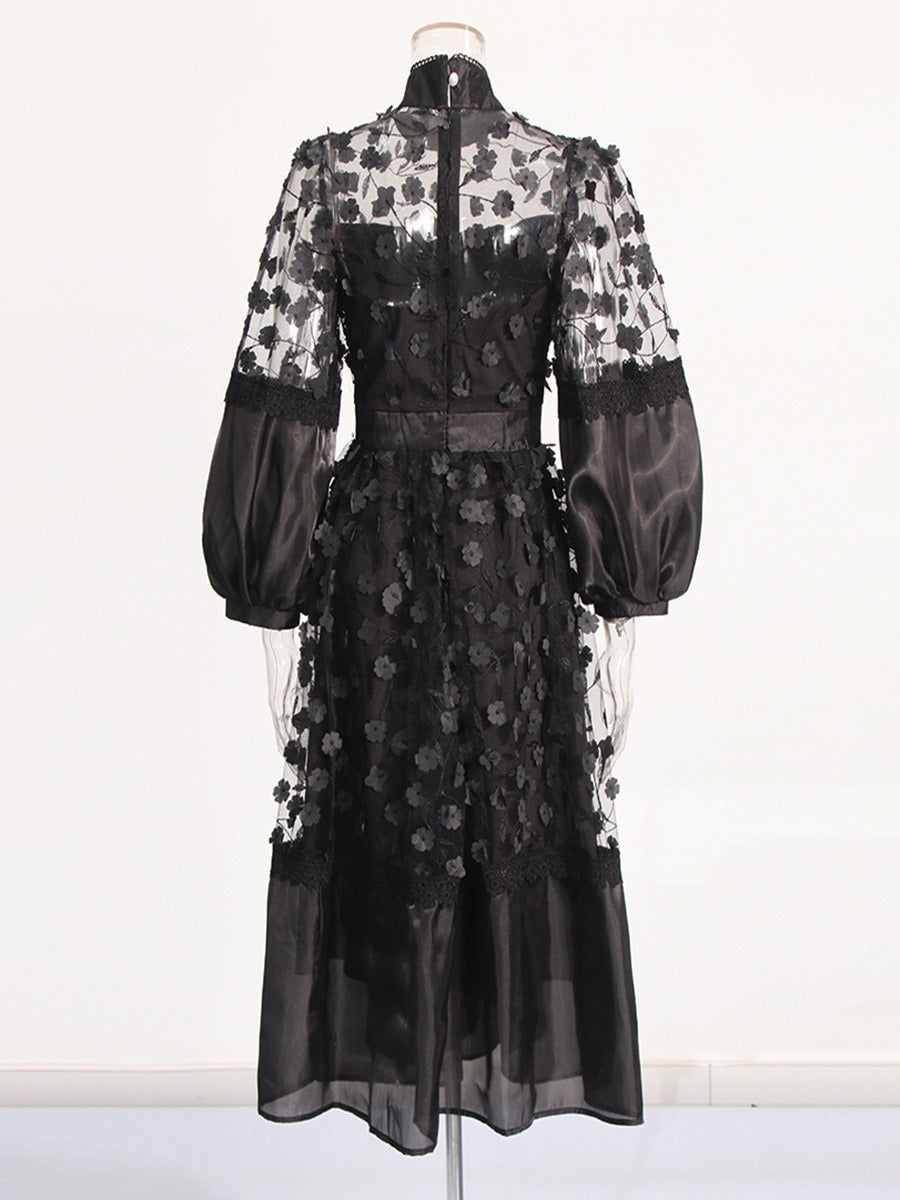 Mock collar lace  puff sleeves dress