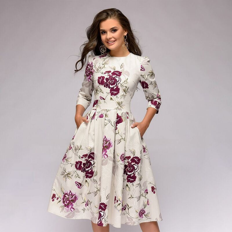 A Line Dress  3/4 Sleeve Round Neck Dress